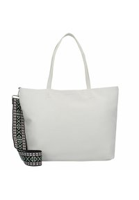 Witte boodschappentas met schouderbanden, voorzien van een verstelbare strap in een zwart en groen patroon. Glad oppervlak en minimalistisch ontwerp.