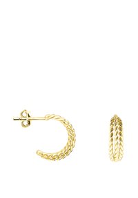 Guldtonade vridna hoops med en polerad yta. Har en säker postbakdel och en rund, spiralformad design.