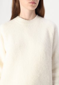 Maglione lavorato a maglia color crema con scollatura rotonda, maniche a raglan e una finitura morbida e testurizzata. Il tessuto appare caldo e accogliente.
