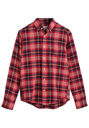Camicia a quadri rossa e blu in cotone, con colletto classico, maniche lunghe e taschino sul petto con logo del marchio.