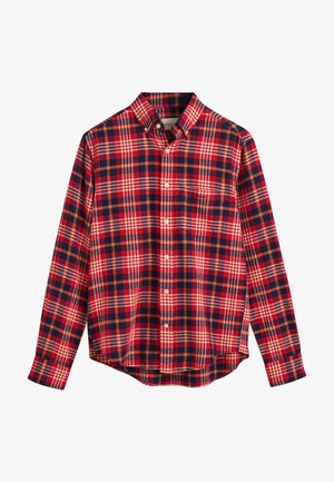 Camicia a quadri rossa e blu in cotone, con colletto classico, maniche lunghe e taschino sul petto con logo del marchio.