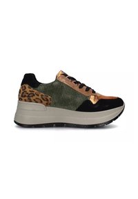 Sneaker multicolore con tomaia in cotone a coste verde, dettagli in stampa leopardata, camoscio nero, particolari metallici in oro rosa e una suola spessa.