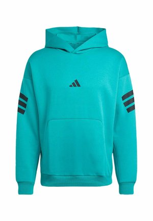 Teal hoodie with a front pocket, kangaroo style. Features black three-stripe design on sleeves and an emblem on the chest. Cotton blend material.