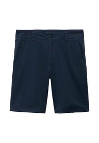 Mörkblå shorts i lätt tyg, med flat front, två sidofickor och en knappstängning i midjan.