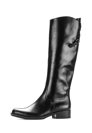 Black leather knee-high boot with a rounded toe, slight heel, side buckle detail, and smooth, shiny texture.