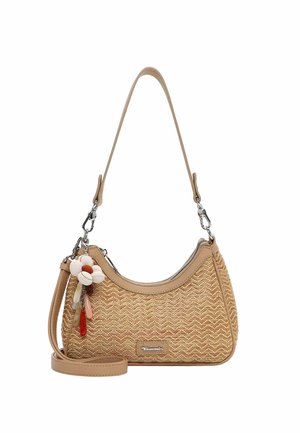 Sac d'épaule beige en tissu tissé avec garniture en cuir, une bandoulière amovible, une fermeture éclair et un charme décoratif en tissu en forme de fleur avec perles.