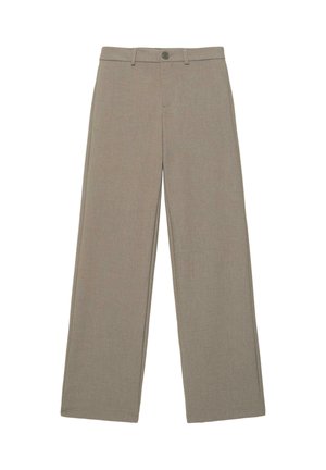 Beige, weit geschnittene Hose mit Gürtelschlaufen, vorderer Knopfleiste und Reißverschluss, flach auf einem weißen Hintergrund liegend.