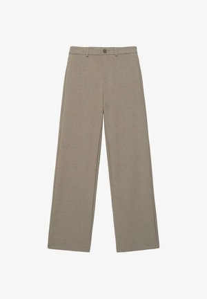 Beige, weit geschnittene Hose mit Gürtelschlaufen, vorderer Knopfleiste und Reißverschluss, flach auf einem weißen Hintergrund liegend.