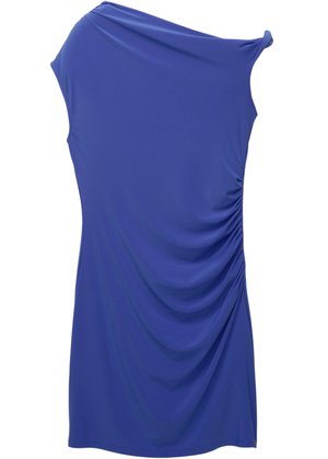 Koninklijk blauwe jurk met een schouderdesign, gemaakt van zachte stof, met gerimpelde details aan de zijkant en een gladde textuur.