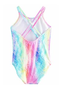 Maillot de bain multicolore avec un motif dégradé de teintes roses, bleues et jaunes. Présente des bretelles croisées et un matériau lisse et extensible.