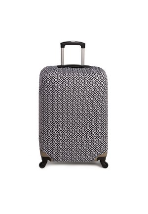 Twarda walizka o geometrycznym czarno-białym wzorze, z chowanym uchwytem, czterema kółkami i gładką teksturą ułatwiającą przemieszczanie.