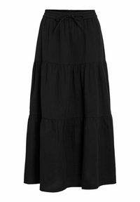 Juodas tiered maksi sijonas, pagamintas iš lengvos medžiagos. Turi elastingą juosmenį su raišteliu, leidžiančiu reguliuoti prigludimą.