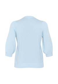 Light blue, knitted sweater with a textured perforated pattern. Features puffed sleeves and a rounded neckline.
