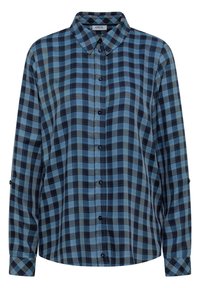 Chemise à manches longues boutonnée avec motif à carreaux bleu et noir et col pointu.