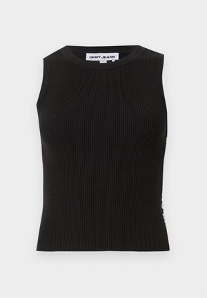 Débardeur noir côtelé avec un col rond, présentant une coupe ajustée et une texture subtile. Les côtes s'étendent sur tout le tissu.