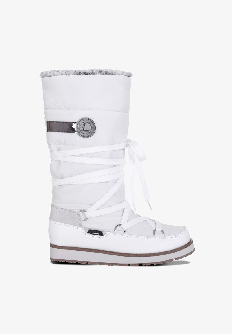 Botte d'hiver blanche imperméable avec doublure en fausse fourrure, lacets croisés, semelle en caoutchouc et écusson rond avec logo près du haut.