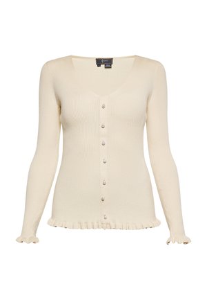 Rippstrick-Creme-Cardigan mit langen Ärmeln, V-Ausschnitt, Perlenknöpfen und gerafftem Saum. Die Stricktextur sorgt für ein weiches, gemütliches Erscheinungsbild.