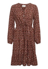 Vestido con estampado en tonos terrosos y formas geométricas, de mangas largas, con botones en la parte delantera, cintura con cordón y detalle de falda plisada.