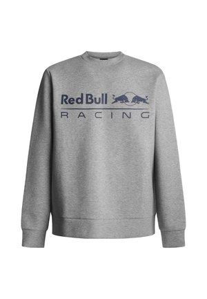 Grå crewneck sweatshirt med "Red Bull Racing" logo i mørkeblå over brystet, med ribbede manchetter og bund. Blødt stof.