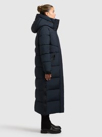 Hosszú sötétkék pufi kabát kapucnival, steppelt mintával, elöl cipzáras záródással és oldalsó cipzárakkal, vízálló anyagból készült.