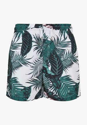 Shorts de bain pour hommes avec un motif de feuilles tropicales vibrant en vert foncé et noir sur un fond blanc. Ceinture élastique avec cordon de serrage.