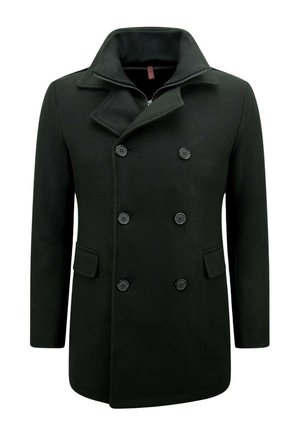 Zwarte peacoat met dubbele knopen aan de voorkant, grote geknipte kraag en zijzakken. Gemaakt van een textuurstof met glanzende zwarte knopen.
