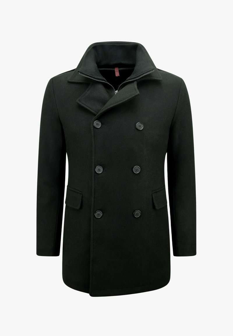 Zwarte peacoat met dubbele knopen aan de voorkant, grote geknipte kraag en zijzakken. Gemaakt van een textuurstof met glanzende zwarte knopen.