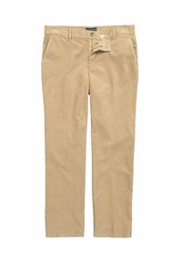 Beige korduroy kalhoty se rovným střihem, které mají boční kapsy, přední zapínání na knoflík a pevný pas.