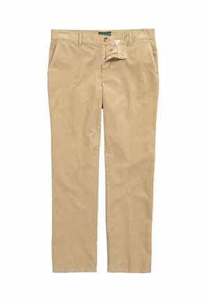 Pantalones de pana beige con diseño de pierna recta, que cuentan con bolsillos laterales, cierre frontal con botón y una cinturilla resistente.