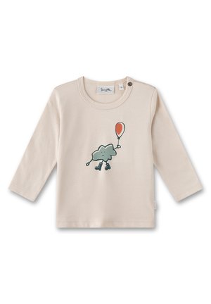 Beige Baumwollhemd mit langen Ärmeln, das eine Grafik eines Wolkencharakters zeigt, der einen roten Ballon hält, und einem Druckknopfverschluss an der Schulter.
