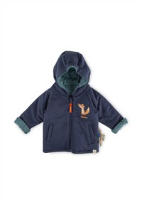 Felpa con cappuccio per bambini di colore blu navy con design di una volpe, chiusura con zip e cappuccio foderato. Presenta dettagli in teal sulle maniche e sulle tasche per un contrasto.