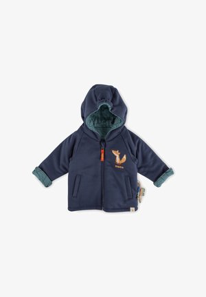 Felpa con cappuccio per bambini di colore blu navy con design di una volpe, chiusura con zip e cappuccio foderato. Presenta dettagli in teal sulle maniche e sulle tasche per un contrasto.