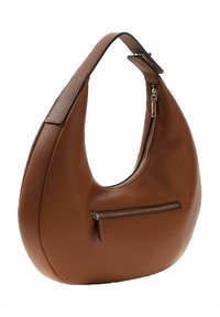 Bruine leren hobo-tas met een gebogen silhouet, grote bovenste rits en een voorvak met rits voor extra opbergruimte. Soepele textuur en minimalistisch design.