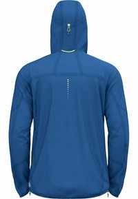 Blue hooded jacket made of lightweight material. Features a smooth texture, reflective accents down the back, and a full hood with adjustable toggle.