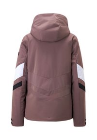 Rosa wasserdichte Jacke mit Kapuze, ausgestattet mit weißen und schwarzen Zickzackakzenten und knöpfbaren Bündchen; glatte Textur, modernes Design.