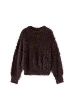 Pull marron foncé à manches longues, en tissu duveteux, avec un col ras du cou haut et une texture douce et pelucheuse.