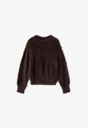 Donkerbruine lange mouwen sweater van zacht, pluizig materiaal met een hoge ronde hals.