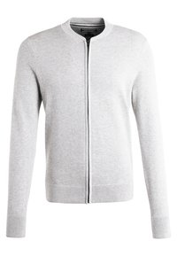 Lichtgrijs vest van een gestructureerde gebreide stof, met een ronde hals, volledige ritssluiting en geribbelde boorden en zoom.