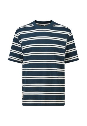 Korte mouwen donkerblauw T-shirt met witte horizontale strepen en een ronde hals, afgebeeld op een effen witte achtergrond.