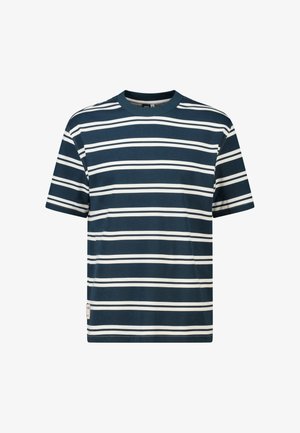 Korte mouwen donkerblauw T-shirt met witte horizontale strepen en een ronde hals, afgebeeld op een effen witte achtergrond.