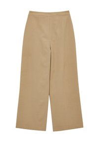 Pantaloni beige a gamba larga con una texture liscia, caratterizzati da una vita alta, due pieghe frontali e un taglio pulito e dritto fino alla caviglia.