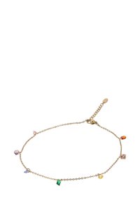 Arany lánc karkötő, különböző formájú, színes kövekkel: zöld, rózsaszín, sárga és narancs. Állítható kapocs, kis címkével.