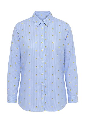 Vaaleansiniset ja valkoiset raidalliset pitkähihainen nappipaita, jossa pieniä keltaisia sitruunakuvioita, terävä kaulus ja napilliset hihansuut.