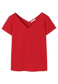 Rød kortærmet T-shirt med V-hals design, lavet af blødt stof. Enkel, ensfarvet uden mønstre eller yderligere detaljer.