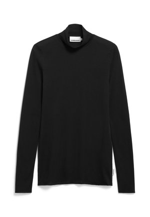 Black long-sleeve turtleneck shirt made of soft, stretchy fabric. Features a fitted design and subtle branding on the hem.