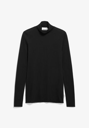 Schwarzes Langarm-Turtleneck-Shirt aus weichem, dehnbarem Stoff. Hat ein tailliertes Design und dezente Markenkennzeichnung am Saum.