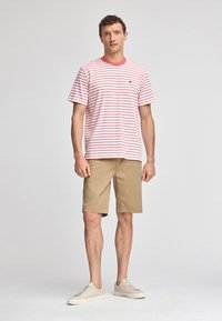 Kortärmad, röd och vit randig t-shirt med rund halsringning, kombinerad med beige shorts och ljusfärgade sneakers. Neutral bakgrund.
