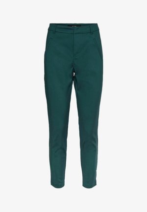 Pantalon ajusté bleu sarcelle en tissu lisse. Équipé de poches latérales et d'une ceinture cintrée. Conçu pour une silhouette élégante et contemporaine.