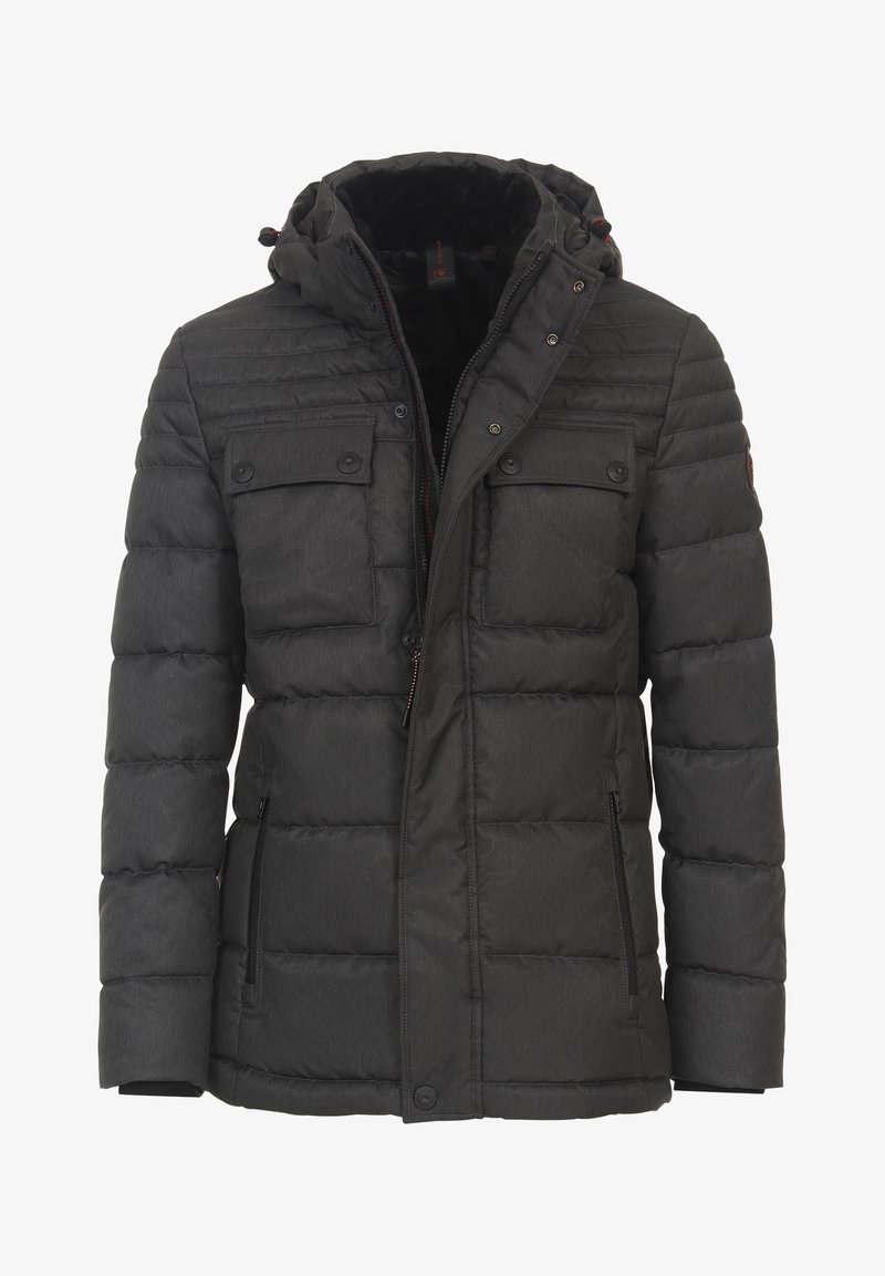 Schwarze Daunenjacke mit Kapuze, verfügt über ein gestepptes Design, Druckknopf-Taschen auf der Brust, seitliche Reißverschlusstaschen und ein weiches Innenfutter.