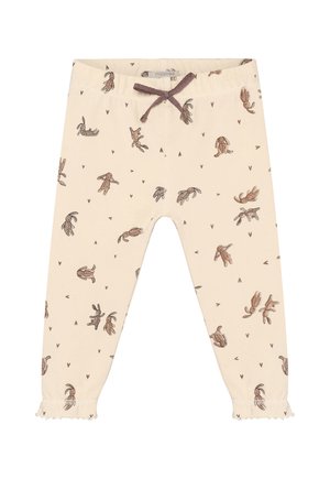 Babybroekje in crèmekleur met kleine bruine konijntjes, elastische tailleband met bruine strik en gerimpelde enkelboorden.